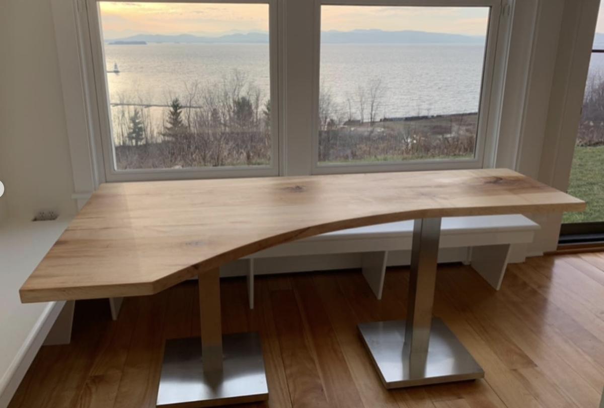 Live edge table in a bright room with a view