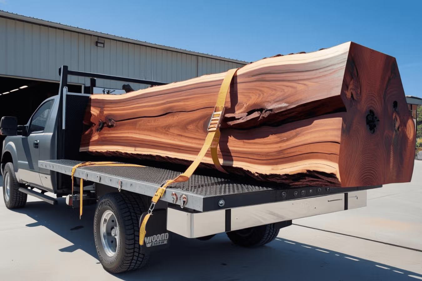 Large live edge slab strapped down on a flatbed truck outside a warehouse